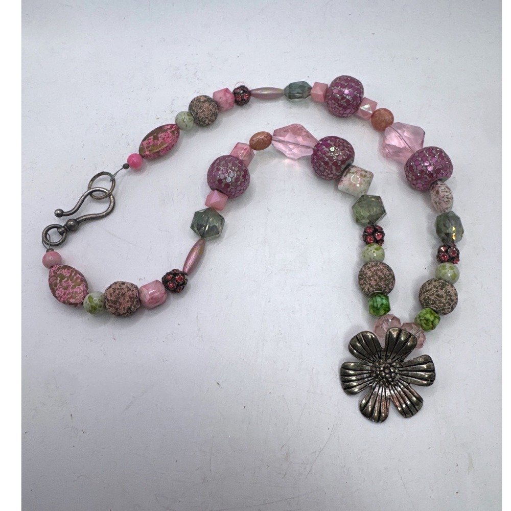Boho Mixed Bead Flower Pendant Necklace Pink‎ Green Glass Ceramic 23 Inch